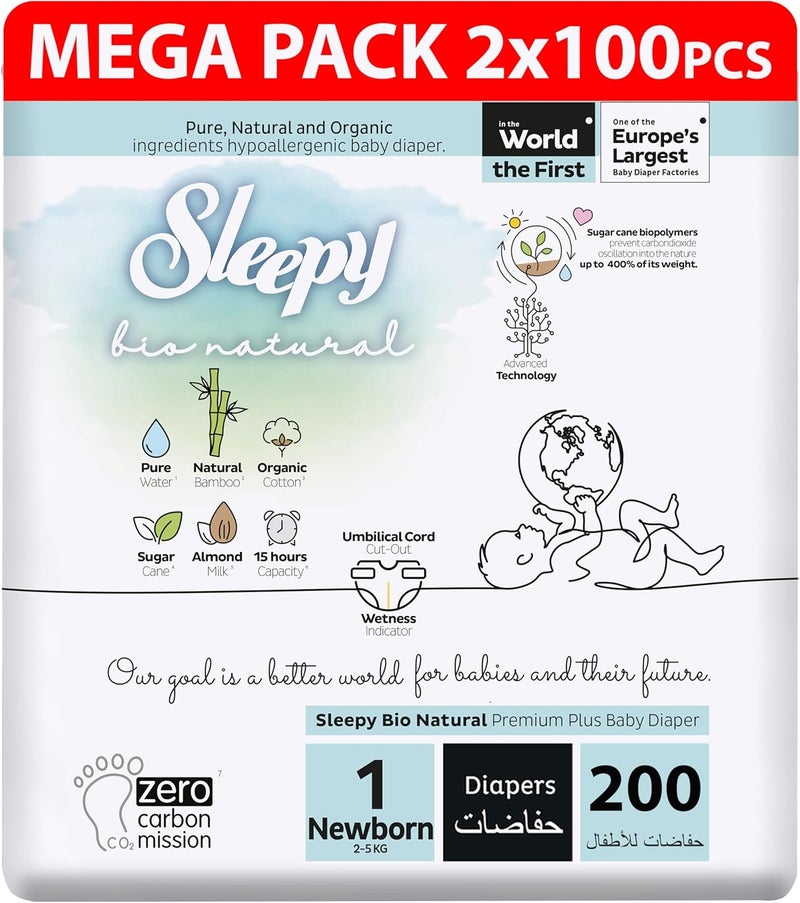 Sleepy Bio Natural Premium Size 1 Diapers | 200 Count | Hypoallergenic Baby Diapers | 2-5Kg | Vegan | 100% Leakproof - Image 1